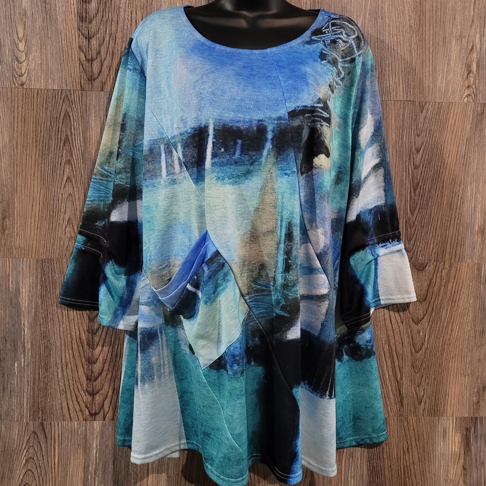 DAMEE Art to Wear Tunic Blouse Plus Size 3X Blue Abstract Asymmetric Pocket Seam